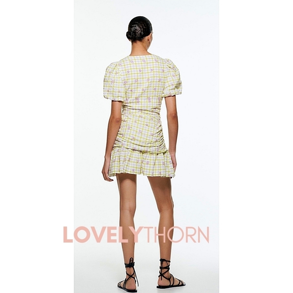 ZARA // floral checkered print plunge puff sleeve draped mini dress - Picture 11 of 13
